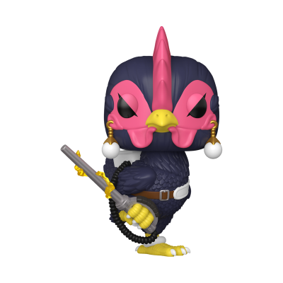 Figura colecionável de ave com máscara rosa e bico amarelo