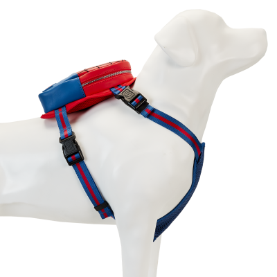 Arnês para cão azul e vermelho com bolsa e fechos pretos