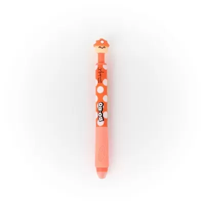 Caneta laranja com bolinhas brancas e clip em forma de cogumelo