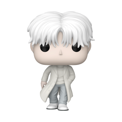 Figura Funko Pop com cabelo branco, roupa branca e cinza