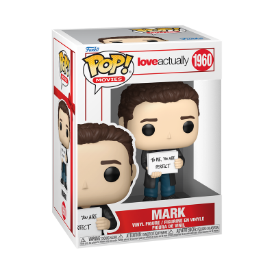 Figura Funko Pop! Mark do filme Love Actually, caixa branca com texto colorido