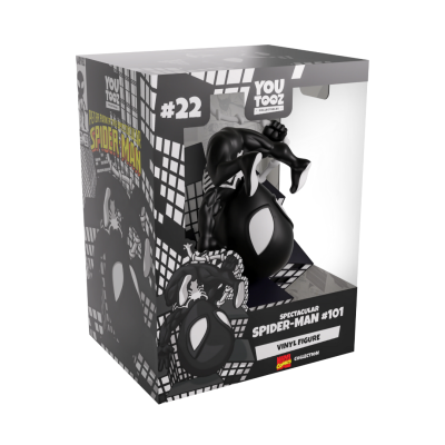 Embalagem de figura vinil YouTooz Spectacular Spider-Man #101 com figura preta e branca