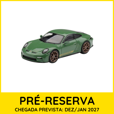 Miniatura de carro desportivo verde Porsche em fundo branco com anúncio de pré-reserva.