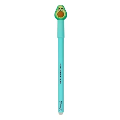 Caneta azul claro com tampa de abacate sorridente e texto You complete me