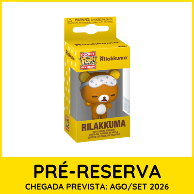 Chaveiro vinil Rilakkuma em caixa amarela com ursinho castanho e máscara de dormir branca.
