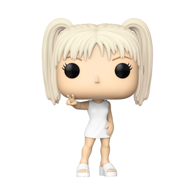 Figura Funko Pop de personagem loira com vestido branco e sandálias, fazendo sinal de paz.