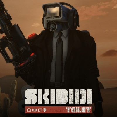 Personagem com cabeça de câmera antiga, roupa preta e arma futurista em cenário desértico com texto SKIBIDI TOILET