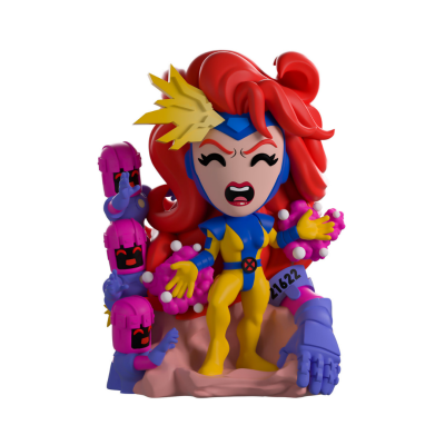Figura colecionável de personagem com cabelo vermelho e traje amarelo e azul