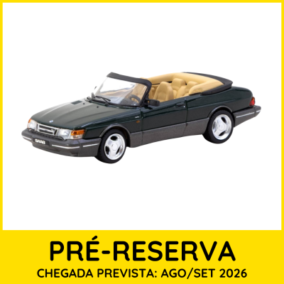 Miniatura carro descapotável SAAB verde e bege, texto PRÉ-RESERVA amarelo