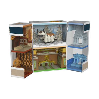 Caixa de coleção Funko Pop com boneco de pelúcia branco em cenário arquitetónico asiático