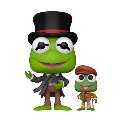 Duas figuras colecionáveis de rãs verdes em roupas distintas, uma com cartola e outra com boina.