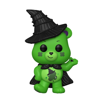 Figura de urso verde com chapéu e capa de bruxa pretos