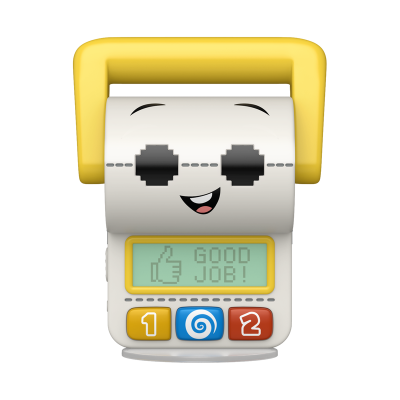 Brinquedo eletrônico infantil com alça amarela e ecrã com texto GOOD JOB!