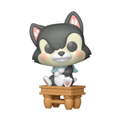 Figura colecionável de cão cinza sentado numa mesa de madeira castanha