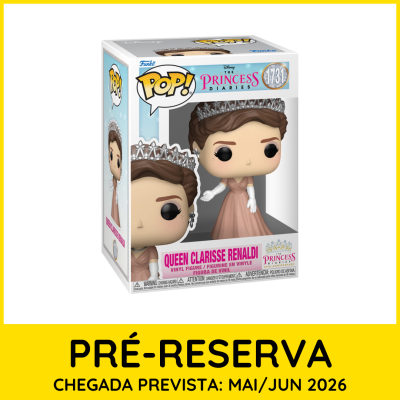 Figura Funko Pop! Queen Clarisse Renaldi de The Princess Diaries na caixa com detalhes em rosa e prateado e texto de pré-reserva em amarelo.