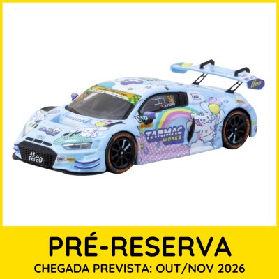 Miniatura azul claro de carro de corrida com desenhos animados e texto TARMAC WORKS