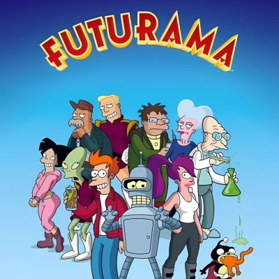 Cartaz da série animada Futurama com personagens principais em fundo azul