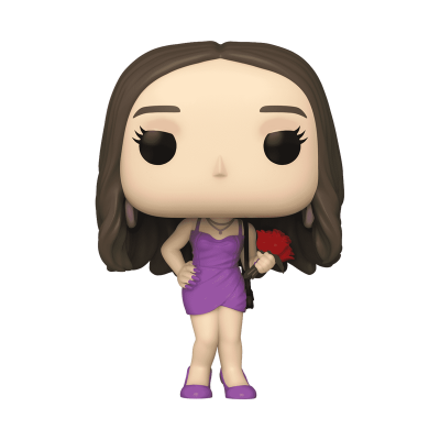 Figura Funko Pop feminina com vestido e sapatos roxos segurando flores vermelhas