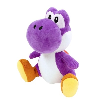 Pelúcia de dinossauro roxa com barriga branca e olhos grandes