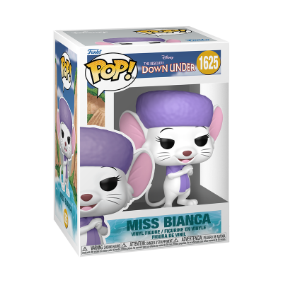 Figura Funko Pop! Miss Bianca com chapéu e cachecol roxos na embalagem
