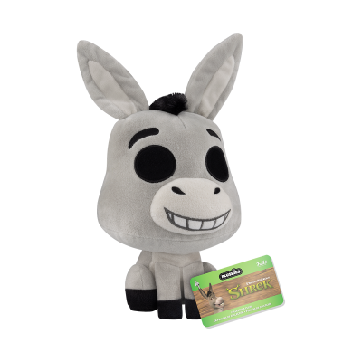Pelúcia de burro cinzento do filme Shrek com etiqueta verde