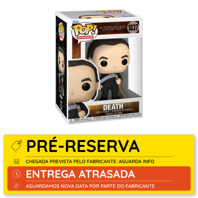 Figura Funko Pop Death Supernatural em caixa com aviso de pré-reserva e entrega atrasada
