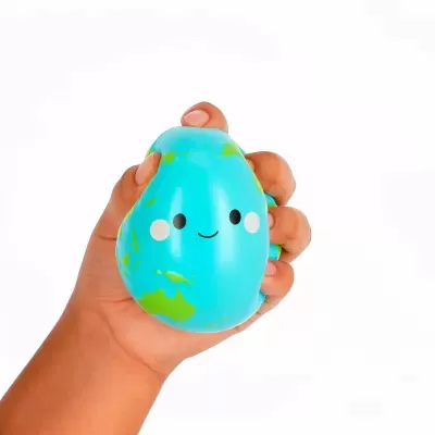 Brinquedo anti-stress em forma de globo azul e verde com rosto desenhado