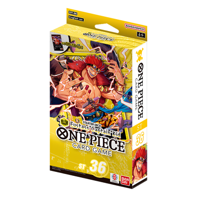Embalagem de deck inicial do jogo de cartas ONE PIECE com Eustass Captain Kid e texto em inglês