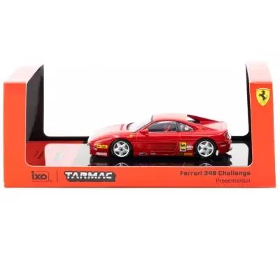 Miniatura de carro Ferrari 348 Challenge vermelho em embalagem laranja e preta