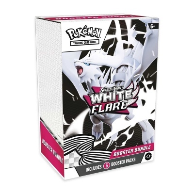 Caixa do jogo Pokémon TCG Scarlet & Violet White Flare Booster Bundle com figura de Pokémon branco