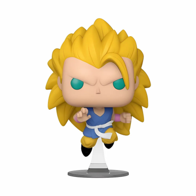 Figura coleção estilo Funko Pop personagem cabelo amarelo roupa azul faixa branca calças amarelas pose luta base transparente