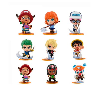 Nove mini figuras colecionáveis coloridas com bases laranja em fundo branco