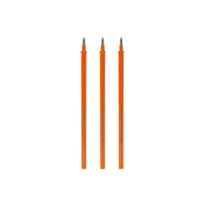 Três recargas de tinta para caneta laranja com ponta metálica em fundo branco