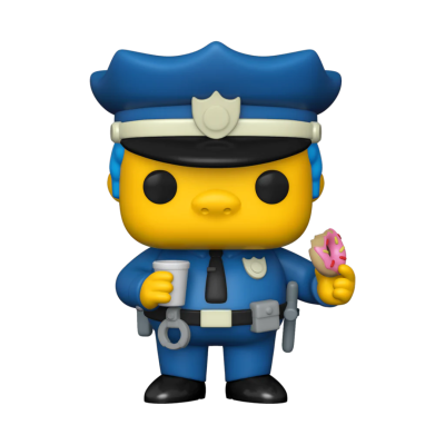 Figura Funko Pop de polícia com uniforme azul e rosquinha