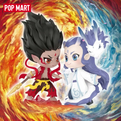 Duas figuras POP MART, uma de fogo e outra de água, com roupas e adereços distintos e fundo colorido em fogo e água.