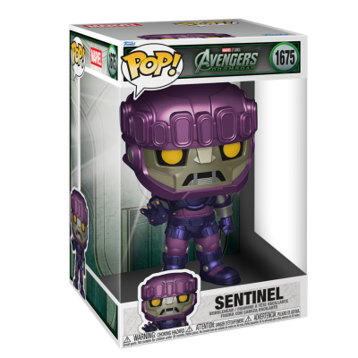 Figura Funko Pop! Sentinel Avengers Doomsday com capacete roxo e olhos amarelos na embalagem