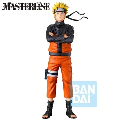 Figura de ação do personagem Naruto com roupa laranja e preta, faixa na cabeça e logo BANDAI