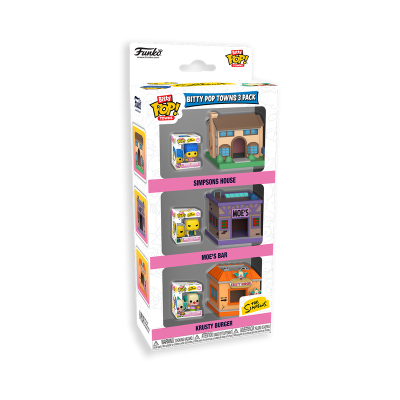 Embalagem Funko Bitty Pop Towns 3 Pack com miniaturas das propriedades dos Simpsons.