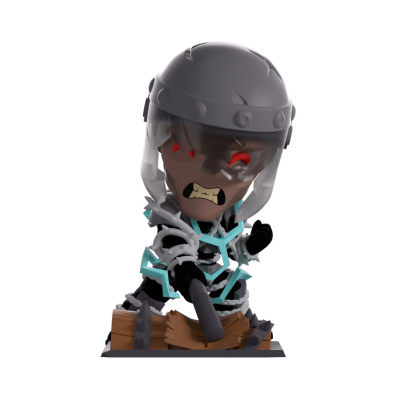 Figura colecionável de personagem com capacete cinzento e olhos vermelhos