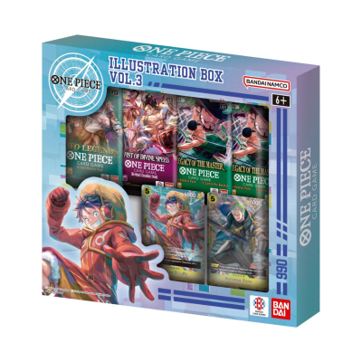 Caixa azul do One Piece Card Game com cartas ilustradas e texto ILLUSTRATION BOX VOL.3