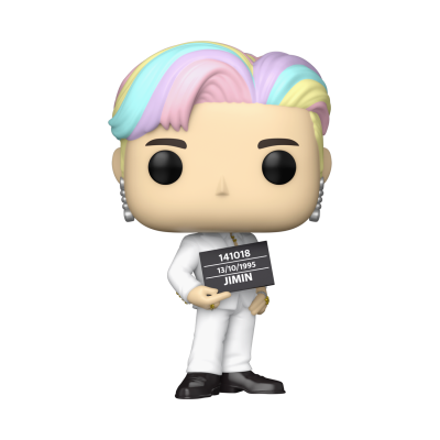 Figura Funko Pop com cabelo colorido e fato branco segurando placa preta.