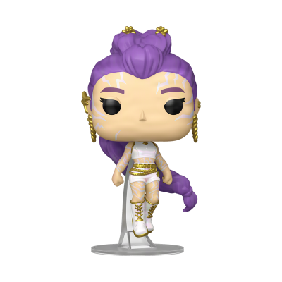 Figura Funko Pop roxa e dourada em base transparente