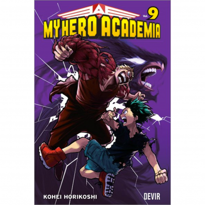 Capa do livro My Hero Academia vol. 9 com duas personagens em confronto e fundo roxo
