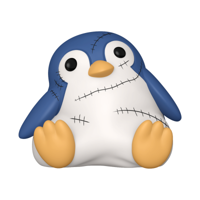 Boneco de pelúcia de pinguim azul e branco com costuras decorativas pretas