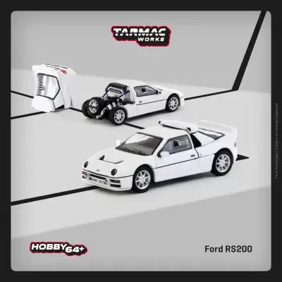 Modelos em miniatura de carros Ford RS200 brancos da Tarmac Works sobre fundo cinzento