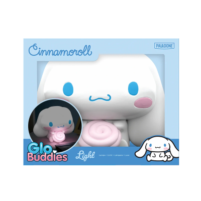 Lâmpada em forma de personagem Cinnamoroll branca segurando objeto rosa na caixa azul