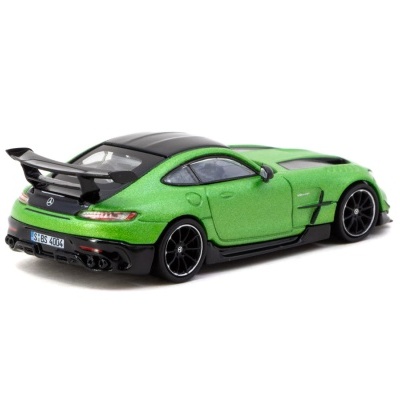 Miniatura de carro desportivo Mercedes-AMG verde e preto em fundo branco.