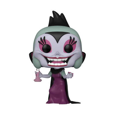 Figura Funko Pop personagem com pele cinzenta, cabelo verde e preto, vestido roxo e cálice rosa