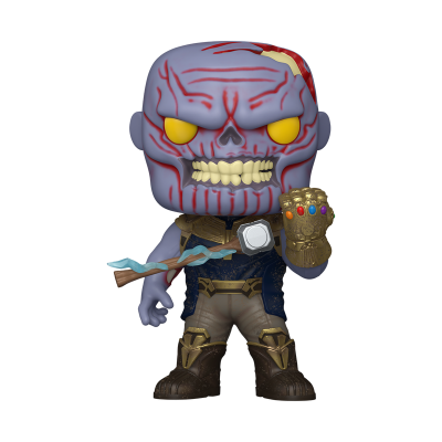 Figurinha vinil de Thanos com rosto azul, vestuário azul e dourado, segurando bastão e luva dourada com pedras.