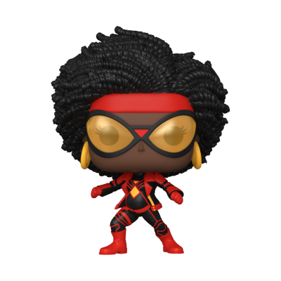 Figura Funko Pop com fato vermelho e preto e cabelo afro